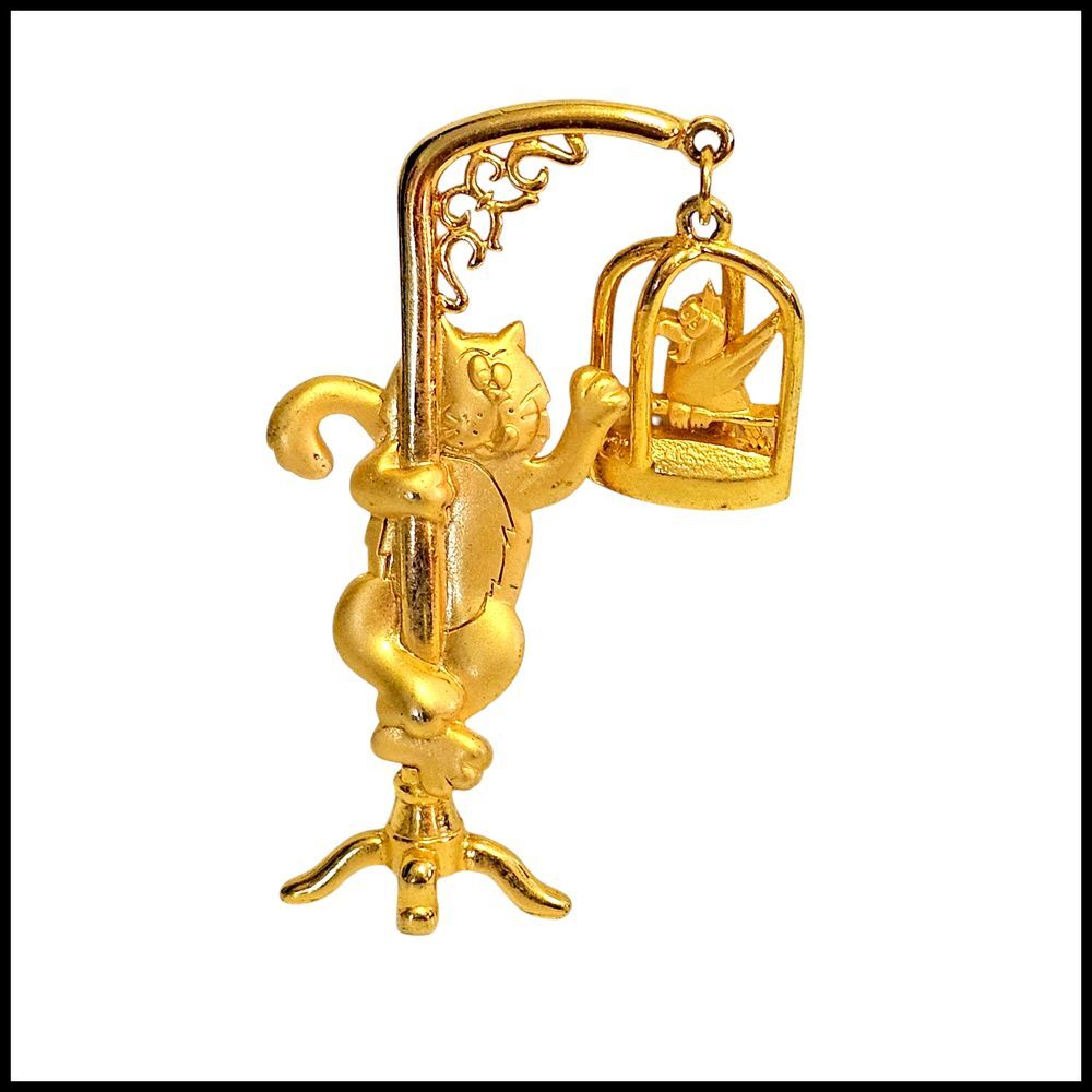 JJ Cat & Birdcage Brooch Gold Tone Figural Whimsical Vintage Statement Pin